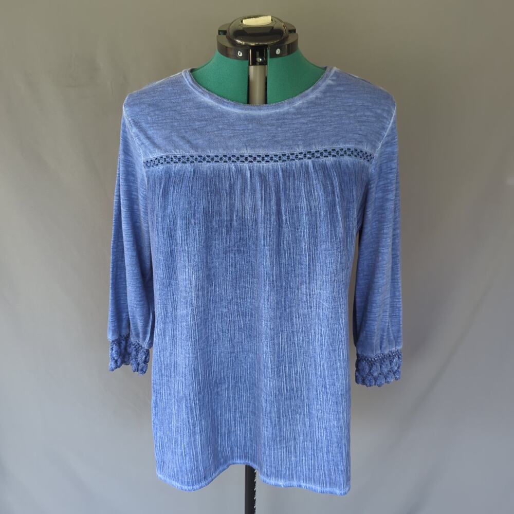 Life Style Woman Blue Boho Crochet Trim Blouse 1X Cottagecore